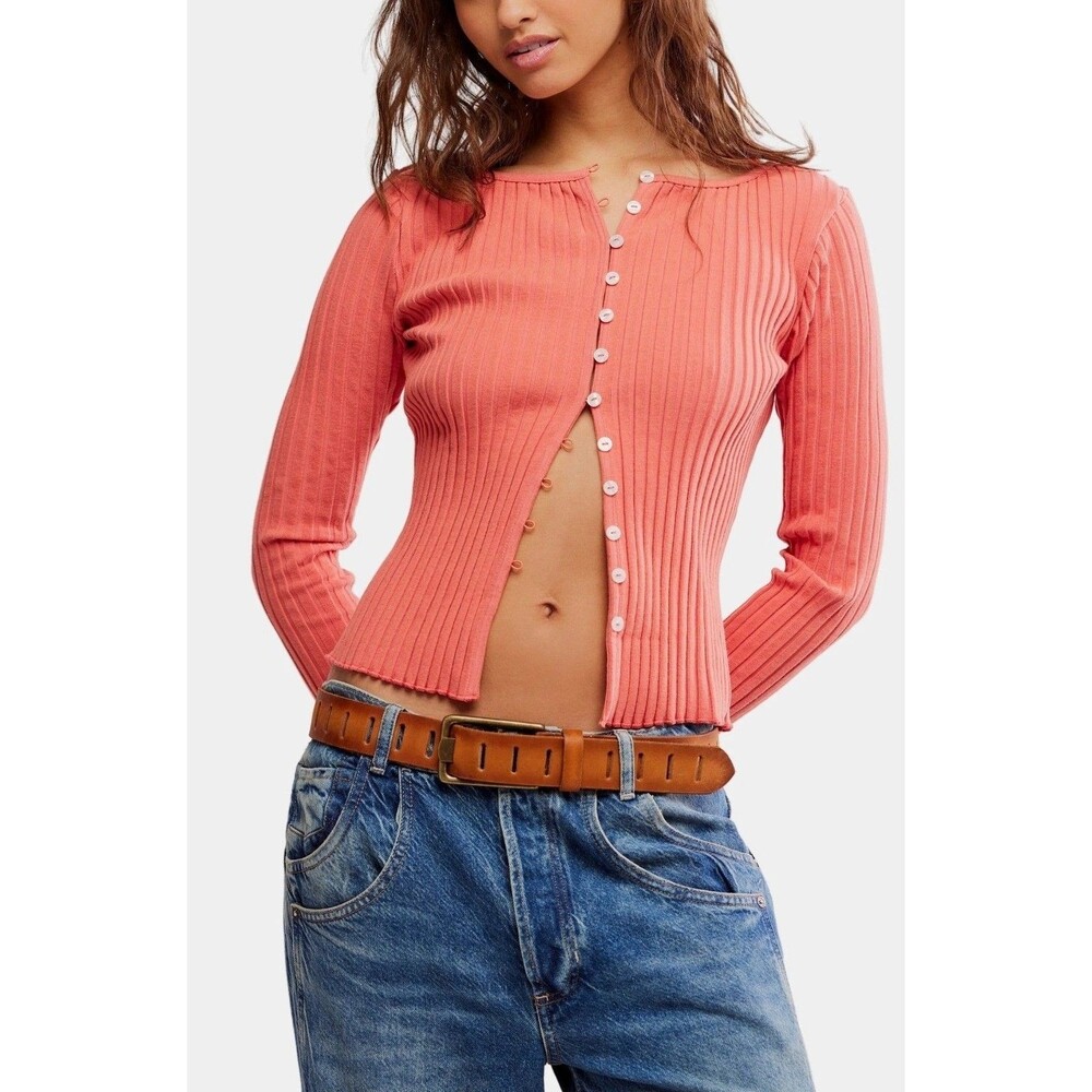 Free People Tilly Long-Sleeve Cardi Blouse Top Knit Ribbed Buttondown S 281393
